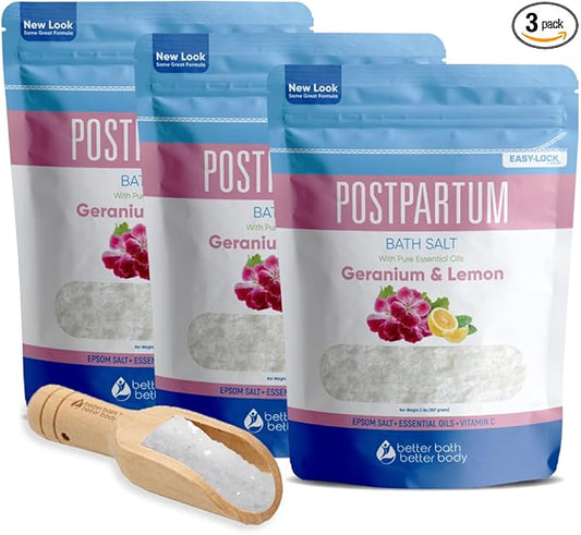 Postpartum Bath Salt (3 Pack with Scoop) Postpartum Bath Soaks USP Grade Epsom Salt with Pure Essential Oils in BPA Free Pouch with Press Lock Seal Made in USA Three 2 Lbs Pouches 6 Lbs Total
