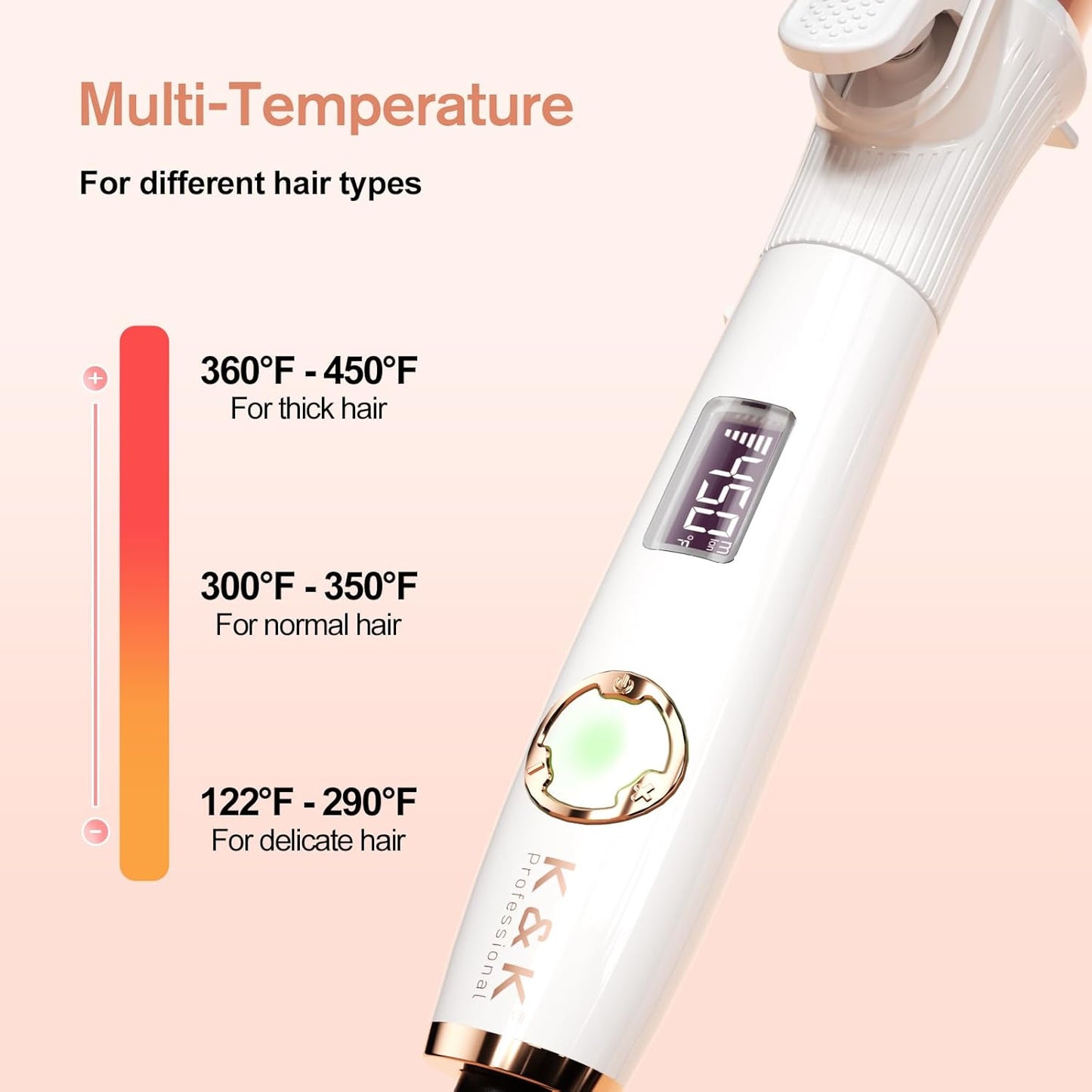 K&K Long Barrel Styler, 1 1/4 Inch Curling Iron with Clipped, Professional Ceramic Coating Hair Curler Wand, Dual MCH Heater up to 450F, Worldwide Voltage Curling Tongs for Traveling