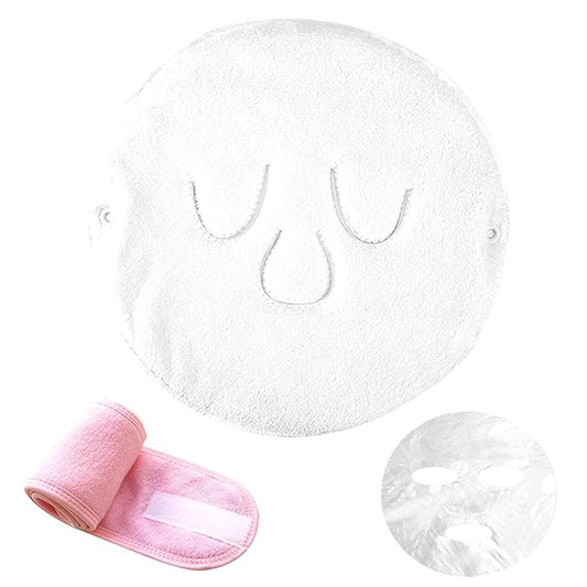 Hot Compress Face Towel Mask Set,Reusable Cold Hot Towel Beauty Skin Care Mask for Open Pores and Increase Blood Circulation,Also Spa Headband and Disposable Plastic Facial Mask.