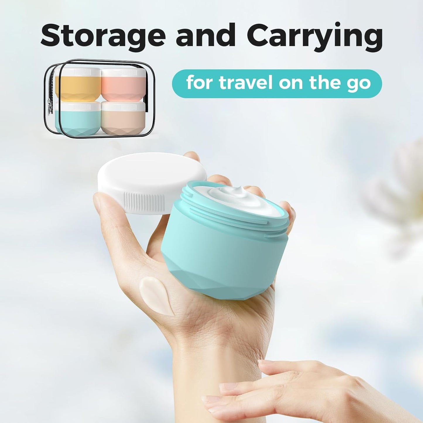 Travel Containers for Toiletries, 4-Pack TSA Approved Silicone Jars (1oz) - BPA Free Leakproof Cosmetic Containers for Creams, Lotion, Skincare & Makeup with Bonus Waterproof Bag