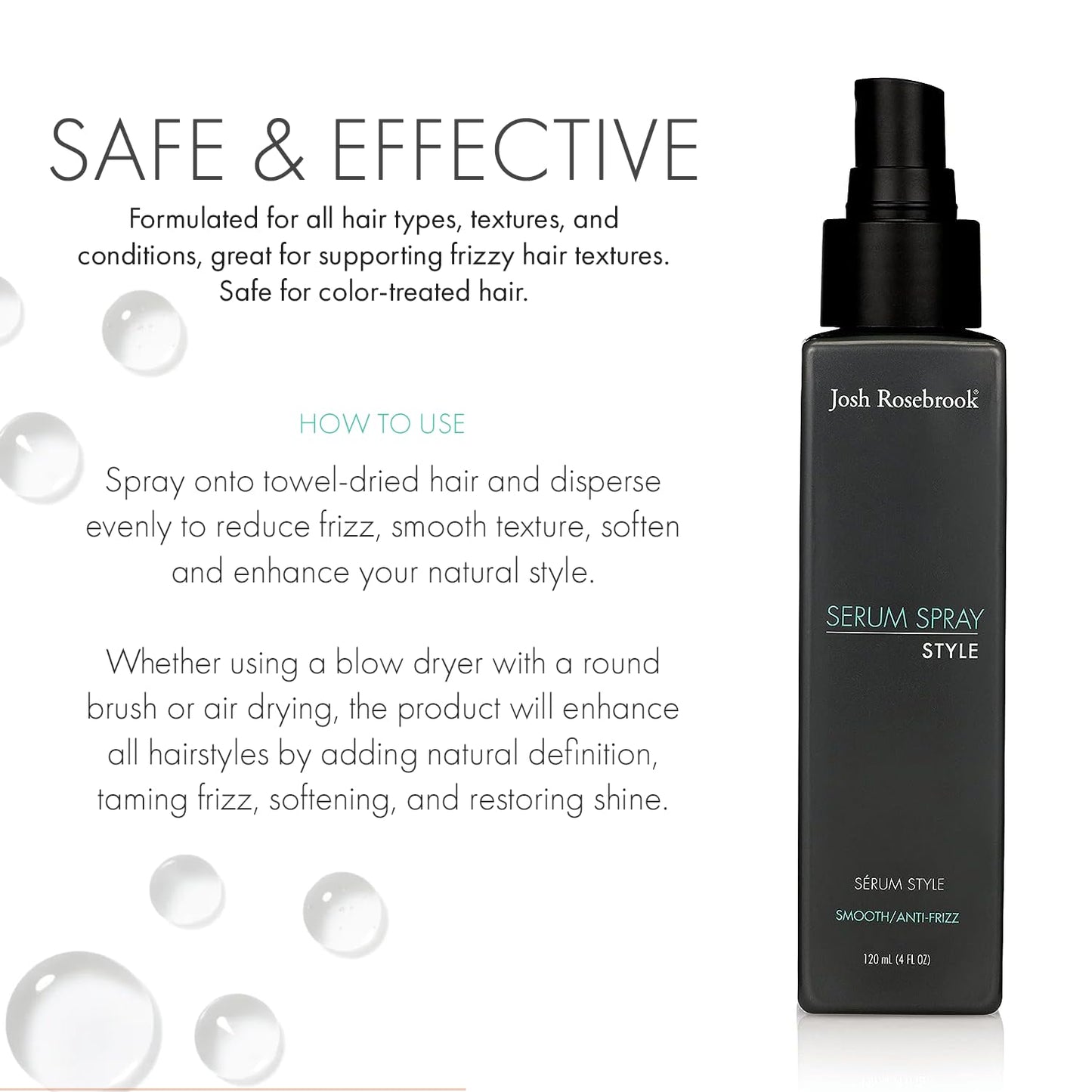 Josh Rosebrook Serum Spray - anti-frizz, wave and curl smoothing and defining hair styling spray that also performs as a nourishing, herbal-active scalp treatment - 120 mL - 4 Oz