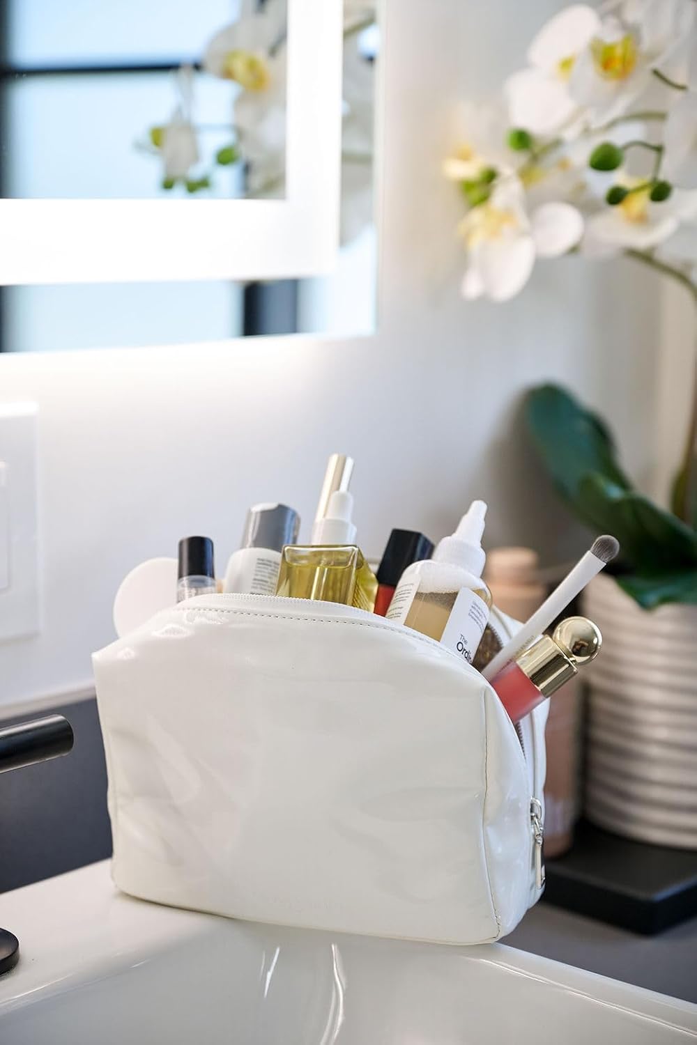 Stay Golden Insulated Waterproof Makeup Bag for Women Heat-Resistant Travel Cosmetic & Toiletry Bag | Luxurious Vegan Leather Portable Makeup Organizer - (Silver Zipper, White)