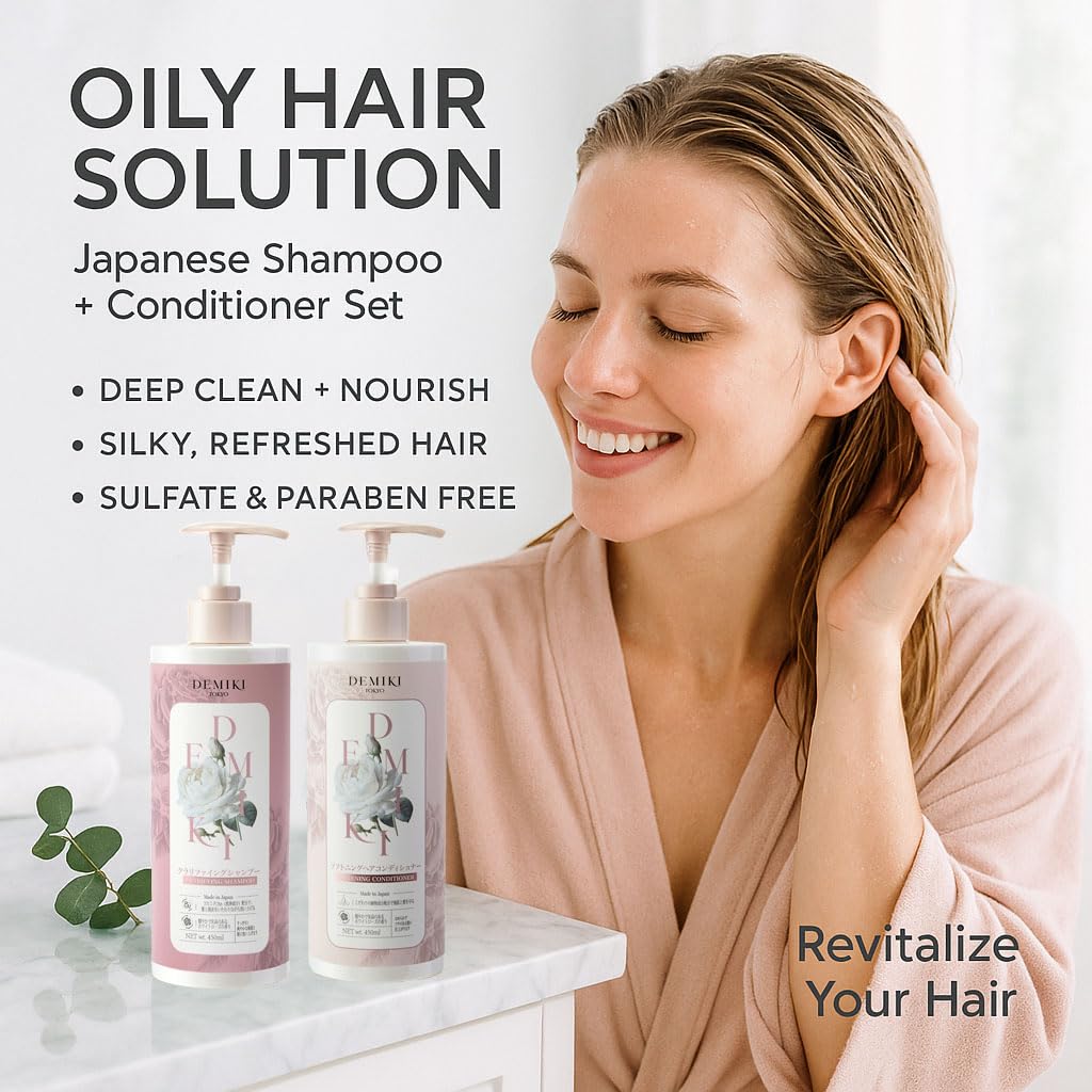 DEMIKI Japanese Shampoo and Conditioner Set for Women,Sulfate Free Shampoo for Oily Hair,Paraben Free, Sulfate Free, Rose Scent,Clarifying Shampoo Moisturizing and Volumizing Natural Hair Care,32oz