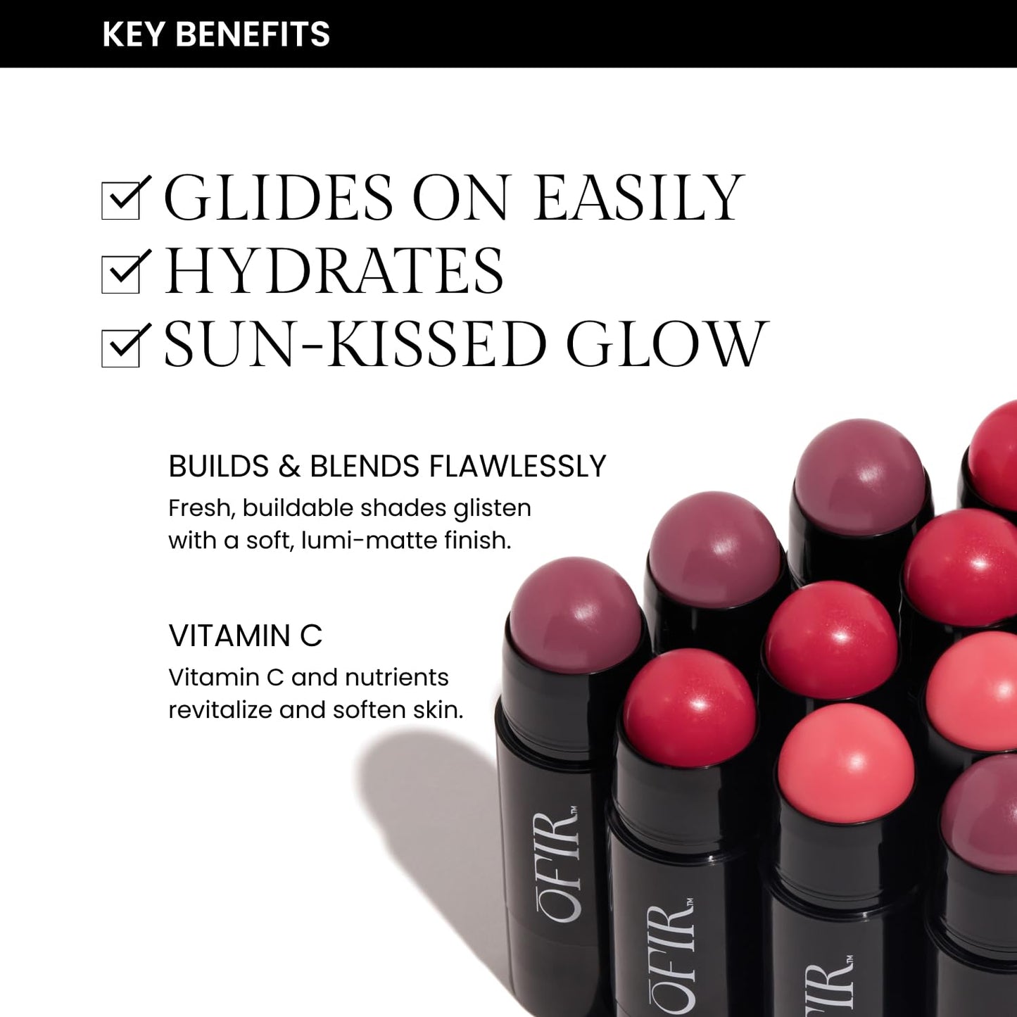 OFIR Cheek Tones Vitamin C Blush Stick | Buildable, Hydrating, Lightweight, Vegan Cream Blush Stick | Non-Transfer, Radiant Finish, Skin-Loving Formula | Watermelon - Reddish Pink | 0.21 oz