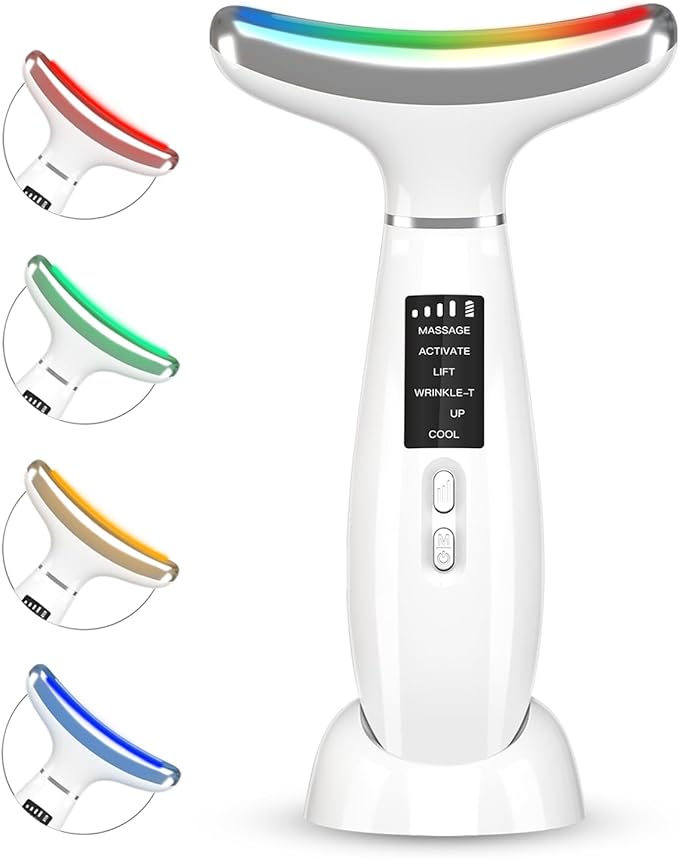 Red-Light-Therapy-for-Face and Neck, Anti-Aging Facial and Neck Massager, Soothing and Relaxing Face Massager Device with 4 Color LED Therapy, Vibration and Thermal Functions for Skin Care (White)