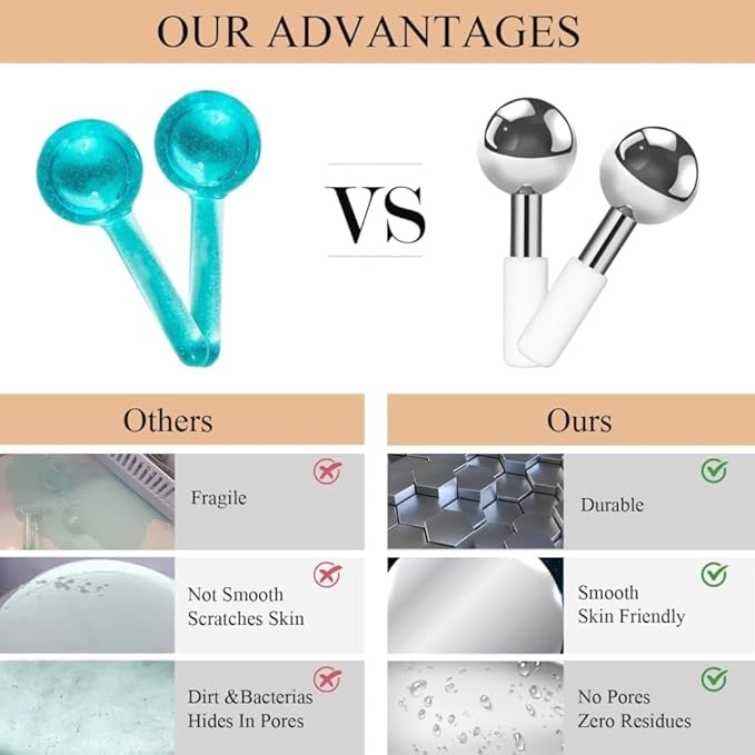 JURon Ice Globes Stainless Steel Beauty Facial Massager for Face & Eyes, Unbreakable Stainless Steel Cryo Sticks for Beauty Routines, Facials Cold Roller Cooling Globes (Ball, 1Pack), Silver