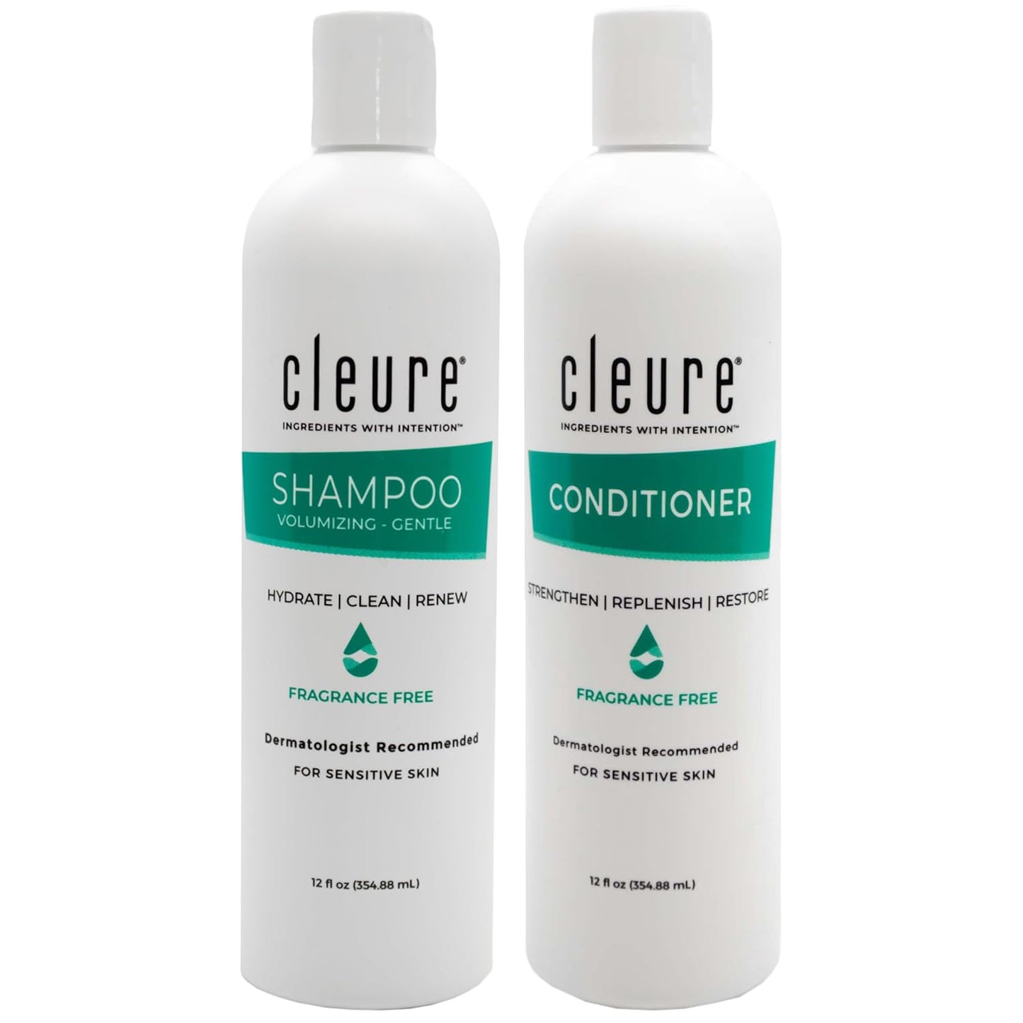 Cleure Shampoo and Conditioner Set Sulfate Free, Fragrance Free for Sensitive Skin - Volumizing Shampoo & Hydrating Conditioner (12 Oz each, Pack of 2)
