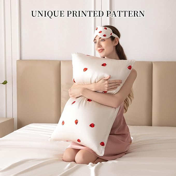 THXSILK Sleep Mask 100% 19 Momme Pure Mulberry Silk Super Smooth Cooling Decorative Sleep Eye Mask Blackout Eye Cover with Wide Head Strap, Strawberry-White