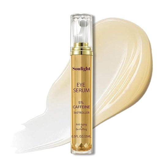 Soulight 5% Caffeine Eye Serum for Anti Aging | Reduce Dark Circles, Puffiness, Fine Lines & Wrinkles | Hyaluronic Acid & Niacinamide Moisturizer with 360° Massage Ball | Eye Balm for Men & Women
