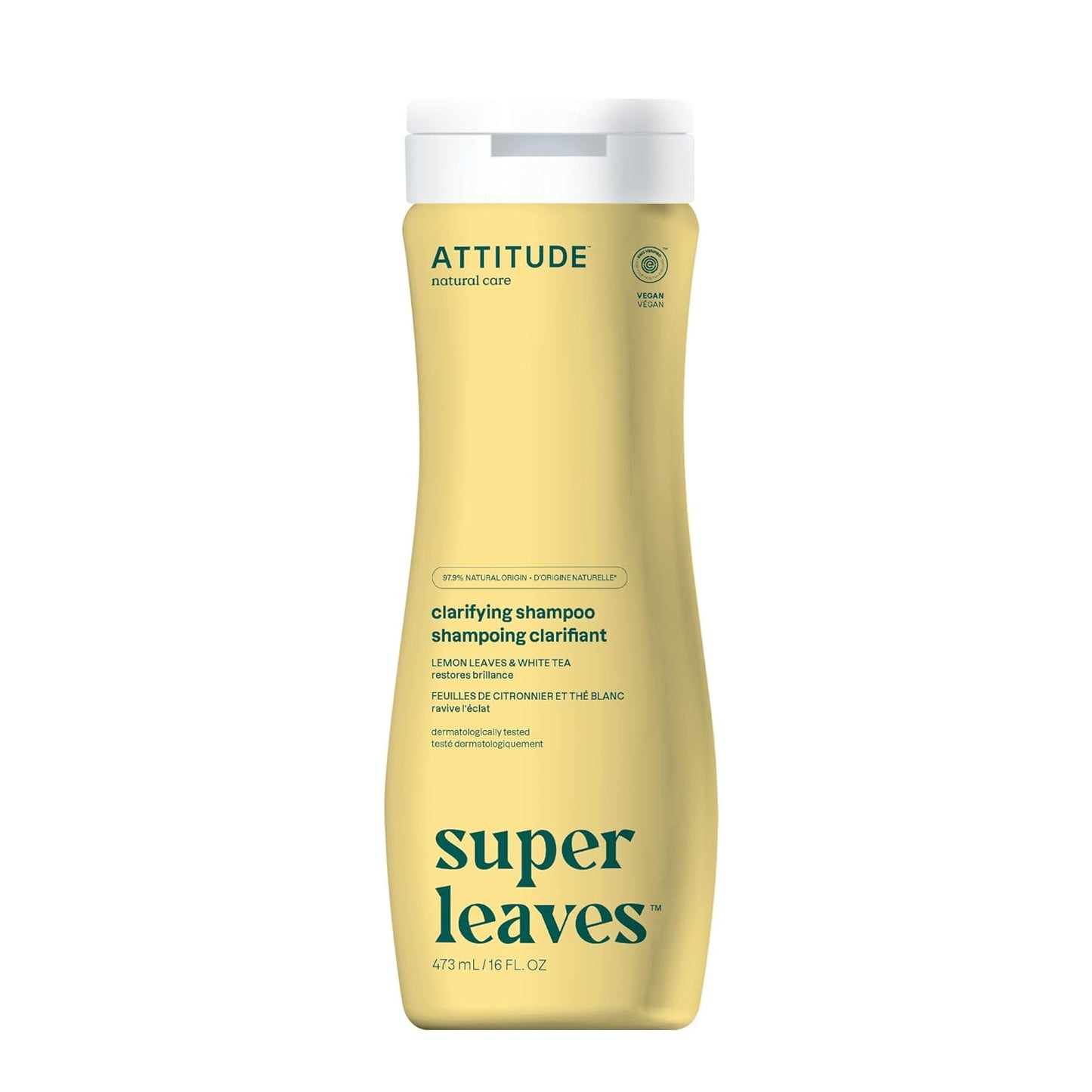ATTITUDE Clarifying Hair Shampoo, EWG Verified, Restores Shine, Naturally Derived Ingredients, Vegan and Plant Based, Lemon Leaves and White Tea, 16 Fl Oz