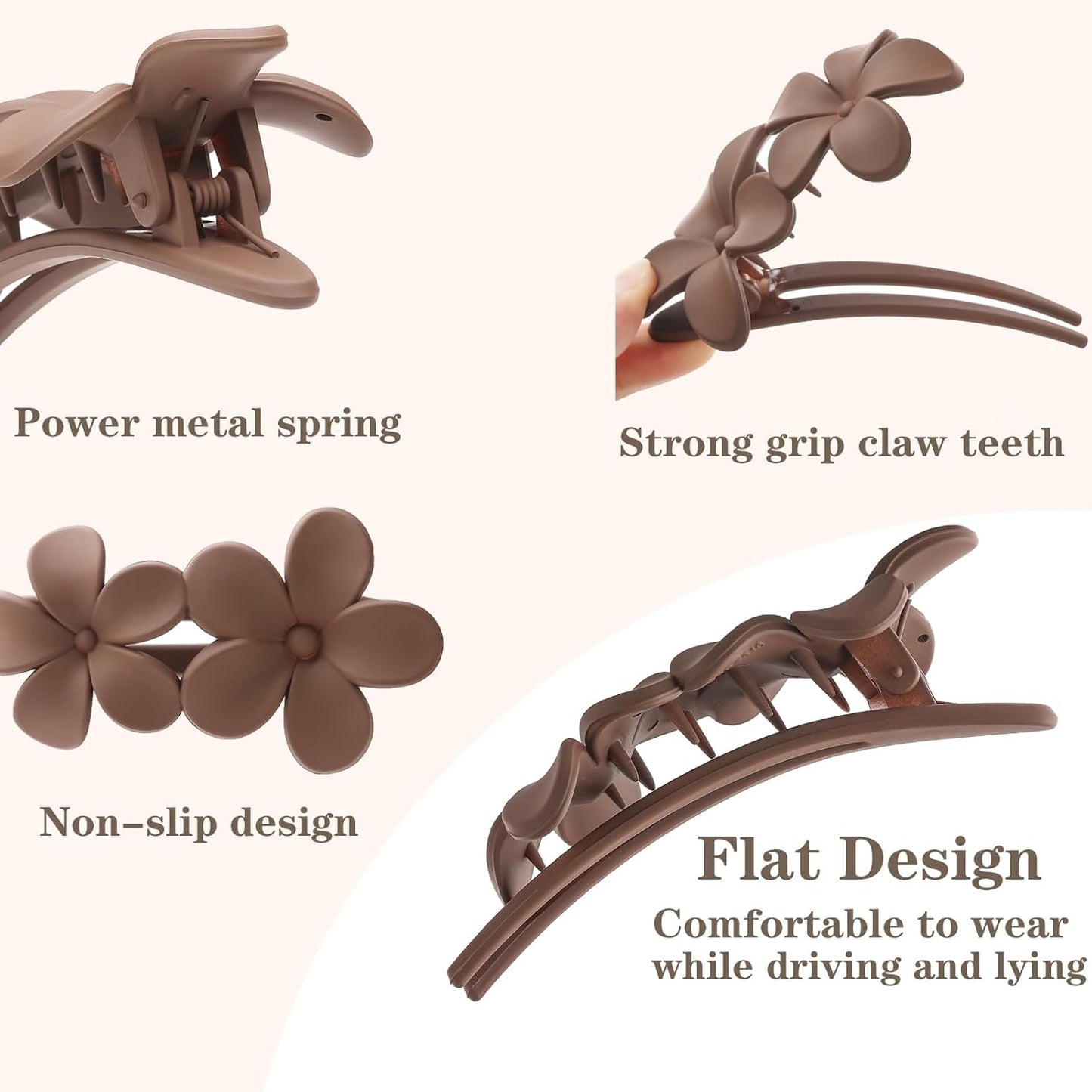 5 Pcs Flat Hair Clips, 2 Styles Large Lay Flat Claw Clips for Women Girls,Strong Hold Non-slip Matte Hair Claws for Thick Thin Hair(Brown&White)