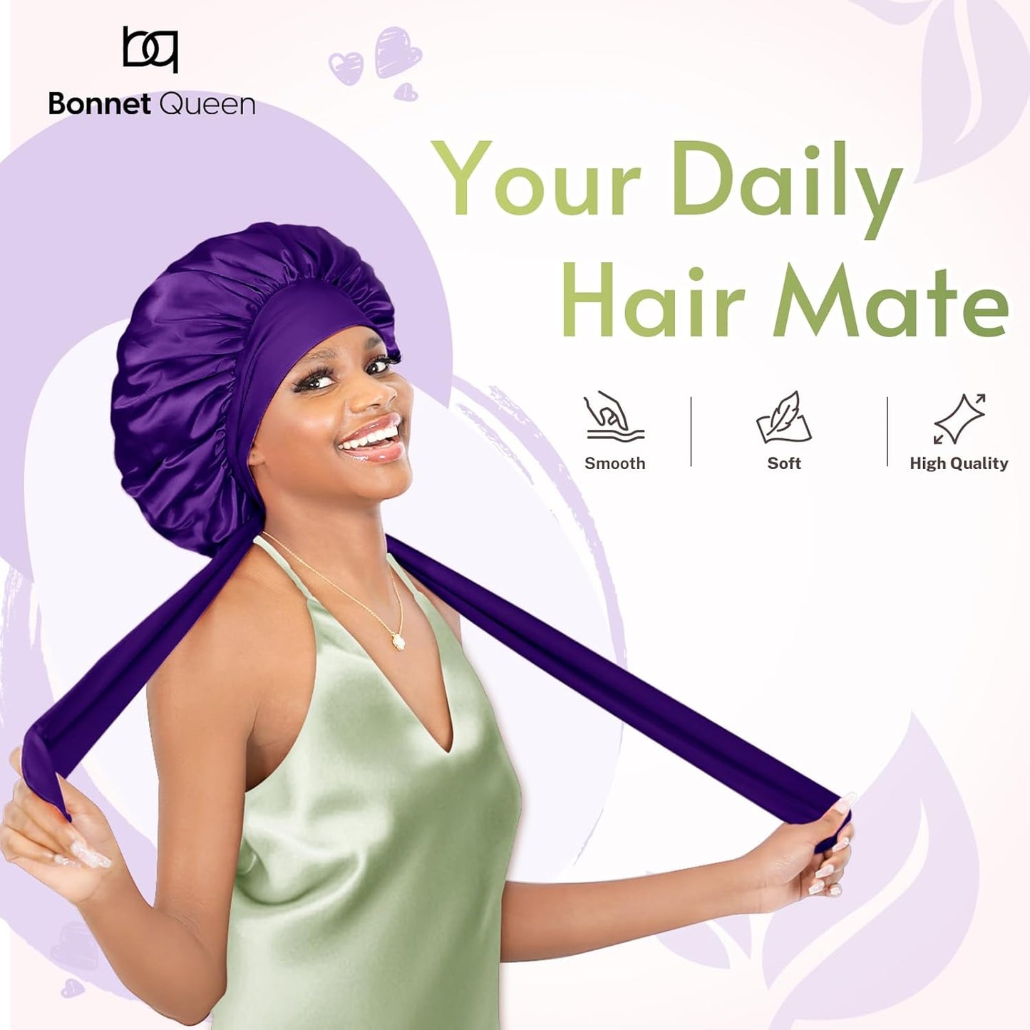 BONNET QUEEN Silk Bonnet for Sleeping Women Satin Bonnet Night Sleep Cap Wrap for Curly Hair with Adjustable Tie Band,Purple