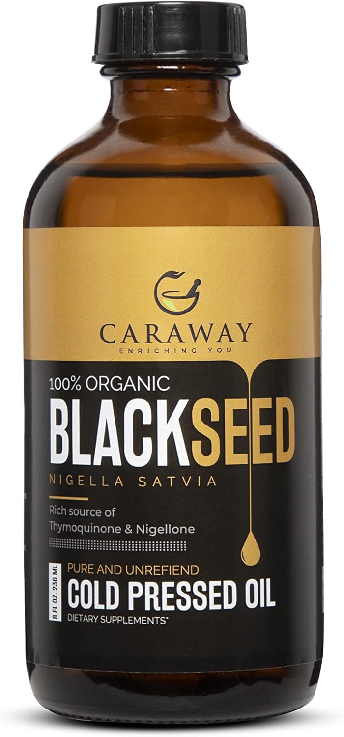 CARAWAY Organic Black Seed Oil - Cold Pressed Nigella Sativa Oil - Pure and Unrefined - Rich in Thymoquinone for Immune Support, Hair and Skin Care | Glass Bottle