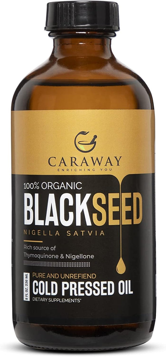CARAWAY Organic Black Seed Oil - Cold Pressed Nigella Sativa Oil - Pure and Unrefined - Rich in Thymoquinone for Immune Support, Hair and Skin Care | Glass Bottle