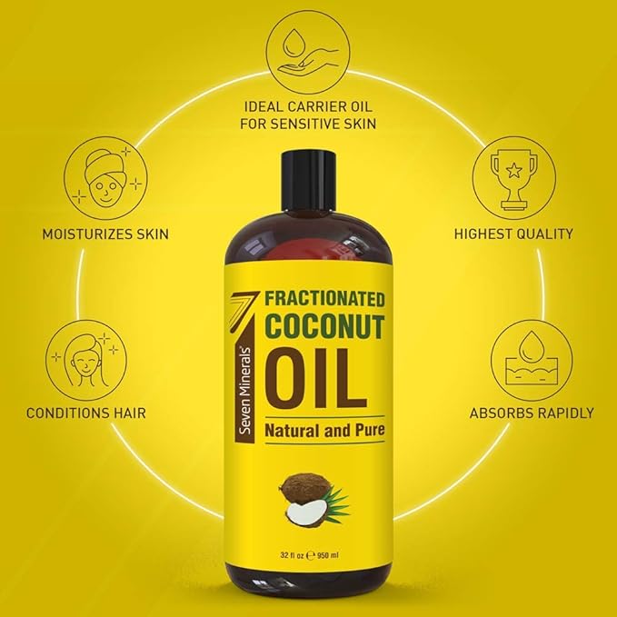 Seven Minerals, Pure Fractionated Coconut Oil - Big 32 fl oz Bottle - Non-GMO, 100% Natural, Lightweight Massage Oil for Massage Therapy on Skin, Hair, More - Perfect Carrier Oil for Essential Oils