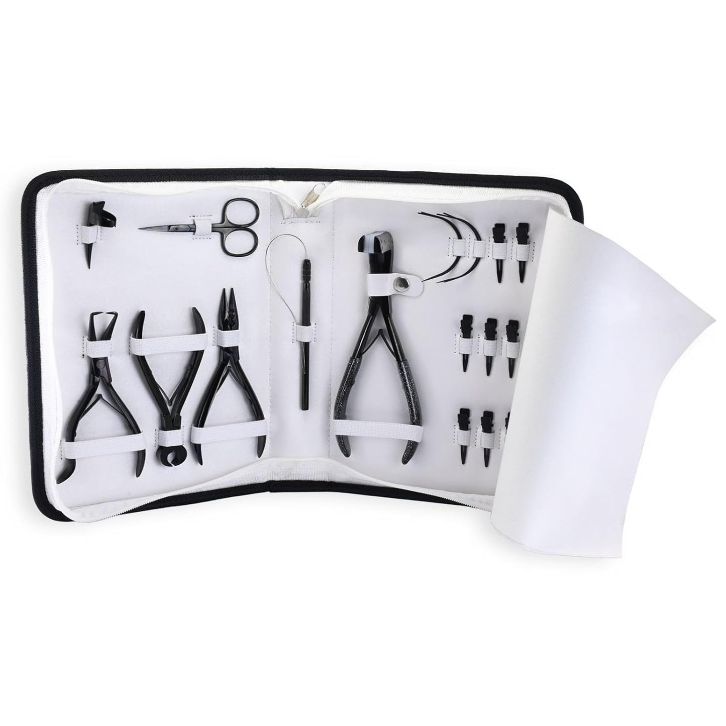 My Hair Tools Hair Extension Tools Kit – Tape-in Press Plier, Keratin Bond Cutter, 3 Hole Nano & Micro Beads Crimping & Remover Pliers, Hair Parting Tool, Mini Scissor, 12pcs Clips & Needles (Black)