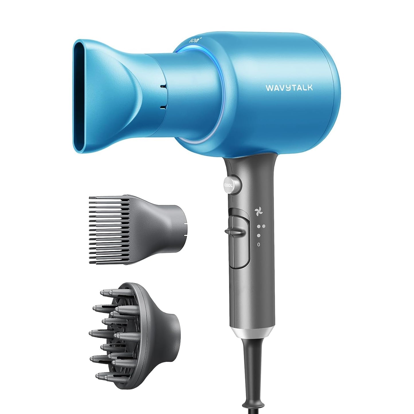 Wavytalk Hair Dryer with Diffuser, Blown Away Ionic Hair Dryer for Curly Hair with Comb, 1875W Fast Drying Blow Dryer with Ceramic Technology, 3 Attachments for All Hair Types, Light and Quiet, Blue