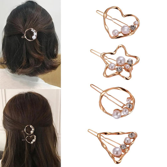 AKOAK 4 Pcs/set Heart-shaped Round Metal Hair Clip Pentagram Geometric Pearl Hair Clip Bangs Clip Ponytail Hair Accessories for Ladies and Girls