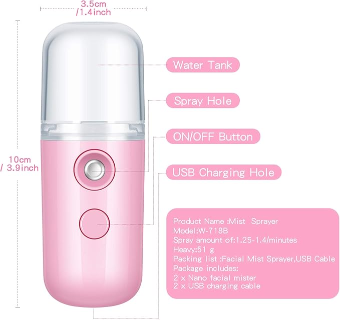 Honoson 2 Pieces Nano Facial Mister 30 ml Mini Face Humidifier Portable Facial Sprayer USB Rechargeable Handy Skin Care Machine for Face Hydrating, Daily Makeup (Pink)
