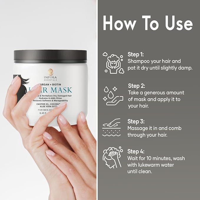 Argan Oil Hair Mask with Biotin - Intensive Hydrating Treatment & Deep Conditioning for Dry, Damaged Hair, Encourages Hair Growth - All Hair Types, Men & Women - 8.45 fl oz