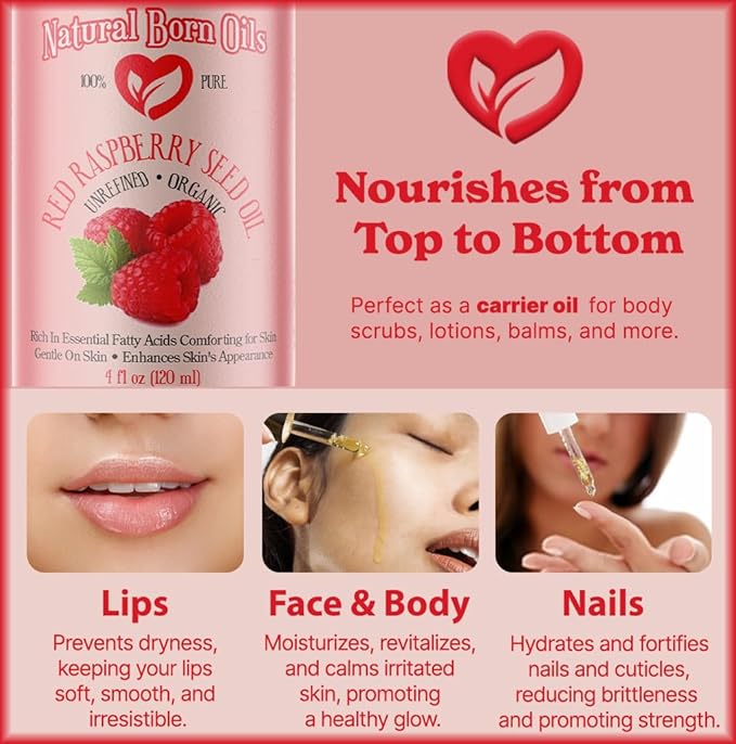 Natural Born Oils Raspberry Seed Oil, 1 Gallon, Organic, Cold-Pressed, Nutrient-Rich, Excellent for Radiant Skin, Lustrous Hair