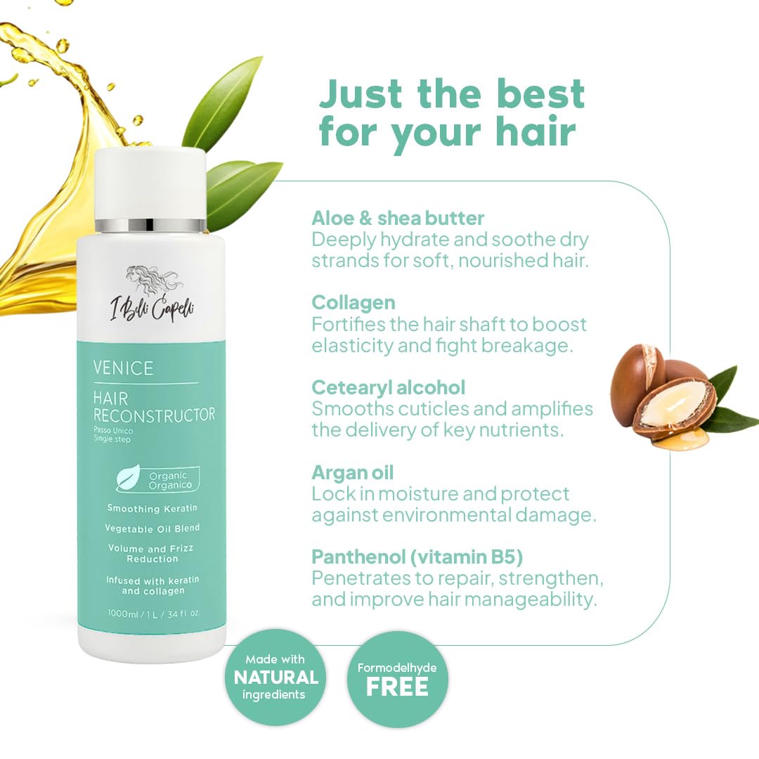 I Belli Capelli Venice Keratina Organica Keratin Hair Treatment, Straightening, Smoothing for All Hair Types (33.8 Fl Oz/1L)