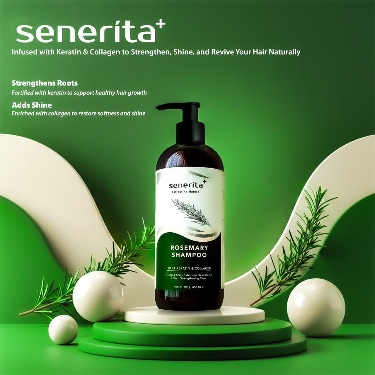 Rosemary Shampoo and Shower gel with Keratin & Collagen, 13.5 Fl Oz, Strengthening & Revitalizing. 400ML
