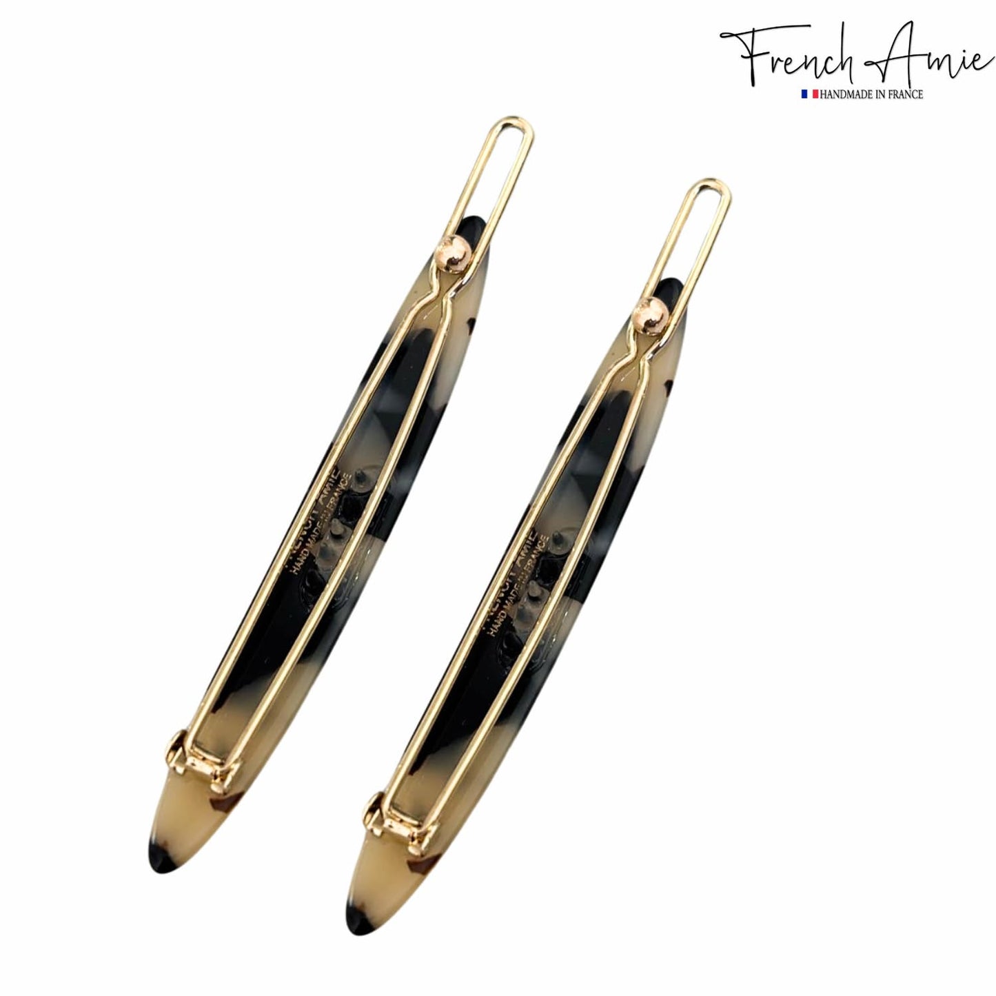 French Amie Narrow Oblong Small 2 1/4" Celluloid Acetate Set of 2 Side Slide In Hair Clip Barrettes with Tige Boule Clasp for Girls and Women, Made in France (White Tokyo)