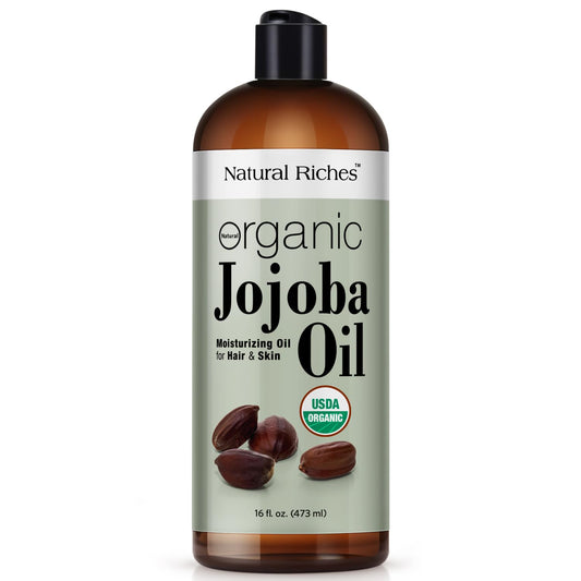 Natural Riches Organic Jojoba Oil, Pure (16 oz) | Moisturizing Oil for Face, Hair, Skin & Nails Cold Pressed Hexane Free Base Carrier oil.