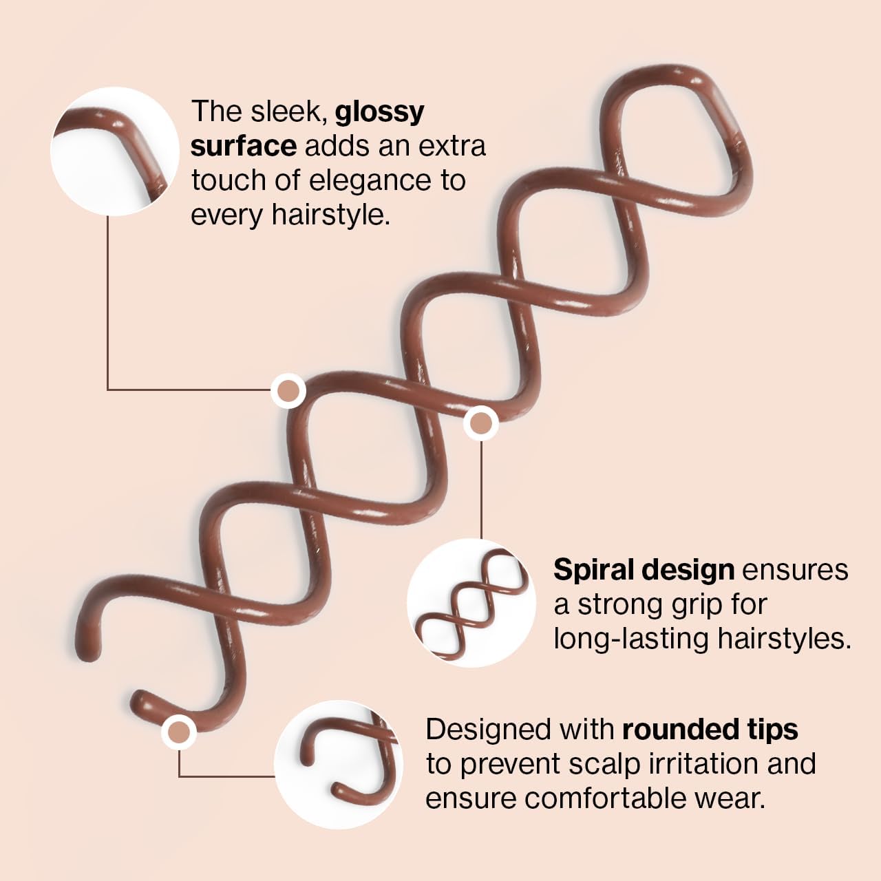 Kitsch Spiral Bobby Pins for Girls and Women - Hair Bun Maker | Rounded Tips, Chip-Resistant Bun Twist Spiral Hair Pins | Secure Hold All-Day | Ideal Gifts for Women - 3Pcs, Brown