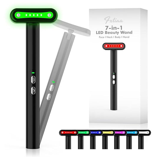 Led-Light-Therapy, 7 Color Face Skincare Wand with Facial Massager LED Face Skin Rejuvenation for Face & Neck & Eye Skincare Equipment Red Light Wand（Green）