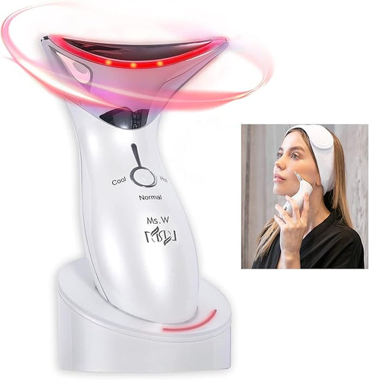 Ms.W Red Light Neck Face Massager, Facial Massager with Hot & Cold Modes for Skin Care, Vibration for Skin Tightening and Rejuvenation（White）