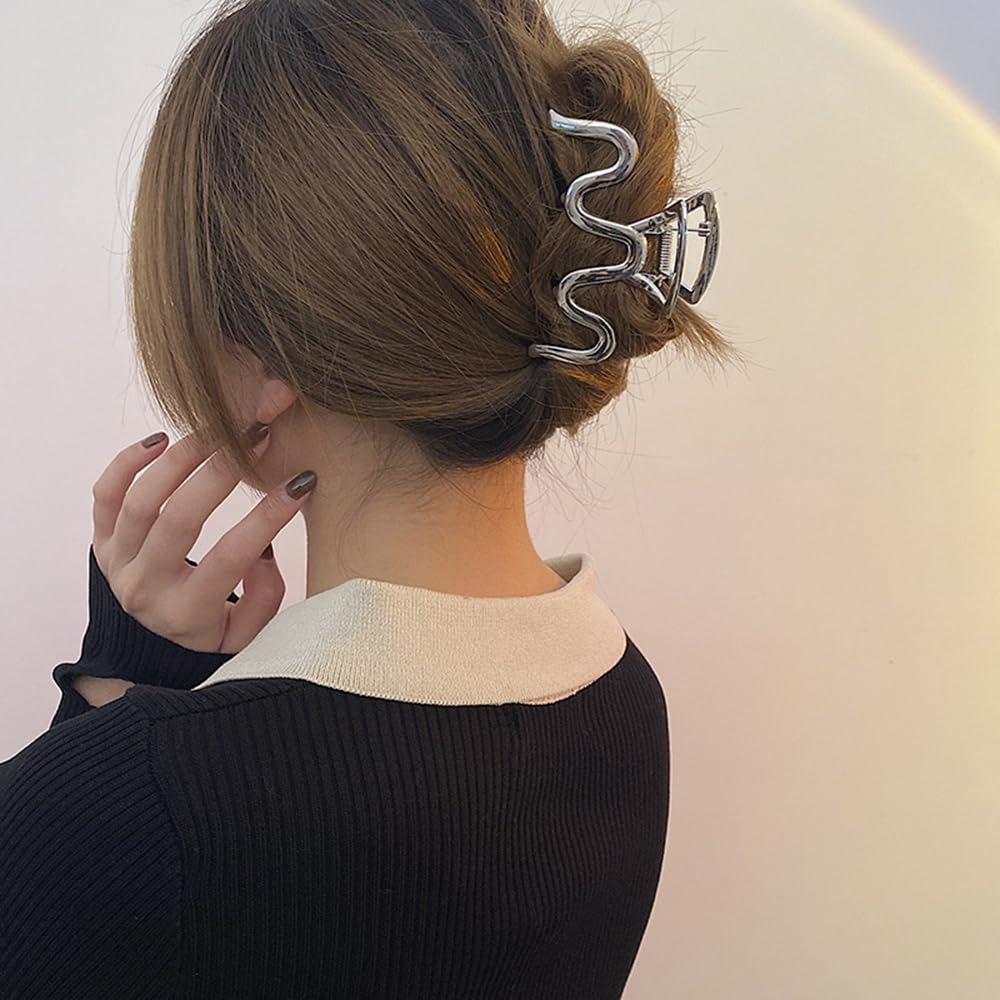 Metal Hair Claw Clips - Silver Small Wave Design Grip Clips for Thick Hair, Girls and Women, No Slip Summer Hair Accessories, 1 Pack