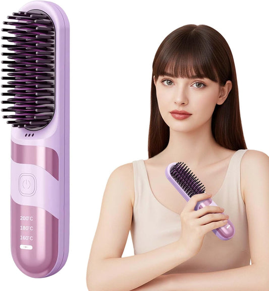 Cordless Hair Straightener Brush, 2026 Updated Mini Portable Hair Straightener for Travel, Fast Heating Straightening Brush, USB Ceramic Electric Hair Comb for Women Straightening and Curling(Purple)