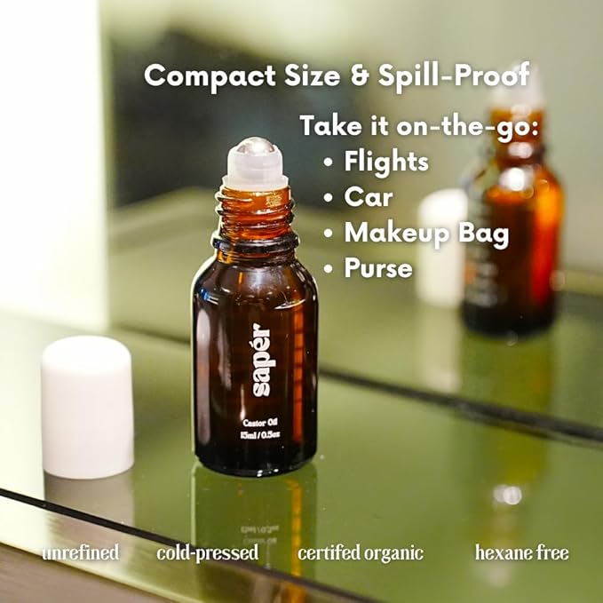 Castor Oil Roller Glass Bottle for Eyebrow, Eyelashes, Skin, Lips - Certified Organic 100% Pure Castor Oil, Cold Pressed, Hexane Free, Unrefined - Vegan, Mess Free Roll On Application, Single-Origin