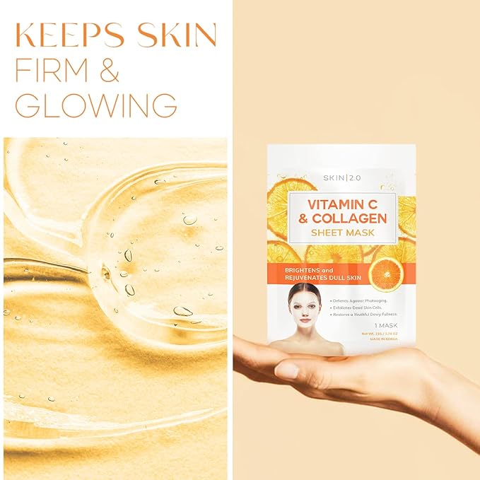 Vitamin C & Collagen Sheet Mask - Anti-Aging, Wrinkle & Age Spot Reducer, Hydrating & Moisturizing - Dermatologist Tested Korean Skincare, Clean Beauty, Cruelty-Free, All Skin Types - 5 Masks