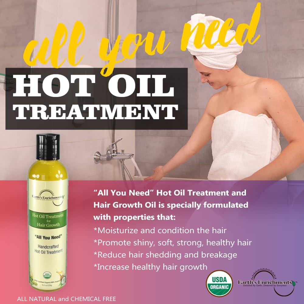 Earth's Enrichments Hot Oil Treatment for Dry, Damaged Hair, Hair Growth Serum, Moisturizes, Hydrates, Reduce Shedding and Breakage, USDA Organic, 8oz