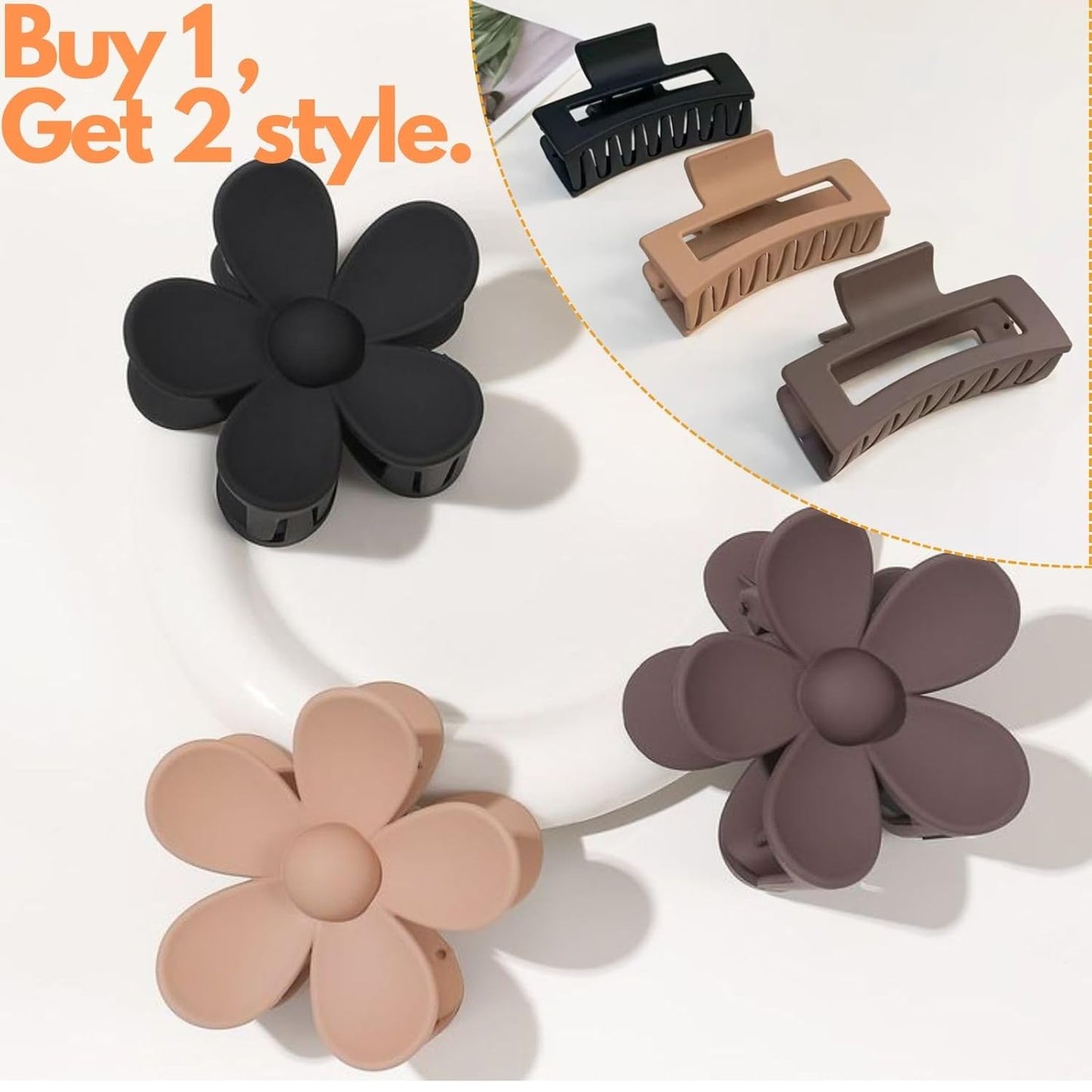 6 Pack Large Claw Clips for Women, Square & Flower Hair Clips for Thick Hair, Matte Neutral Colors