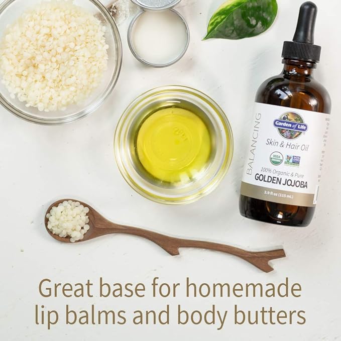 Garden of Life Jojoba Oil 100% Organic & Pure Golden Jojoba Oil for Hair, Skin and Face - Cold Pressed Jojoba Body Oil, Massage, or Use as a Carrier Oil for Making Lip Balms & Body Butters, 4 fl oz