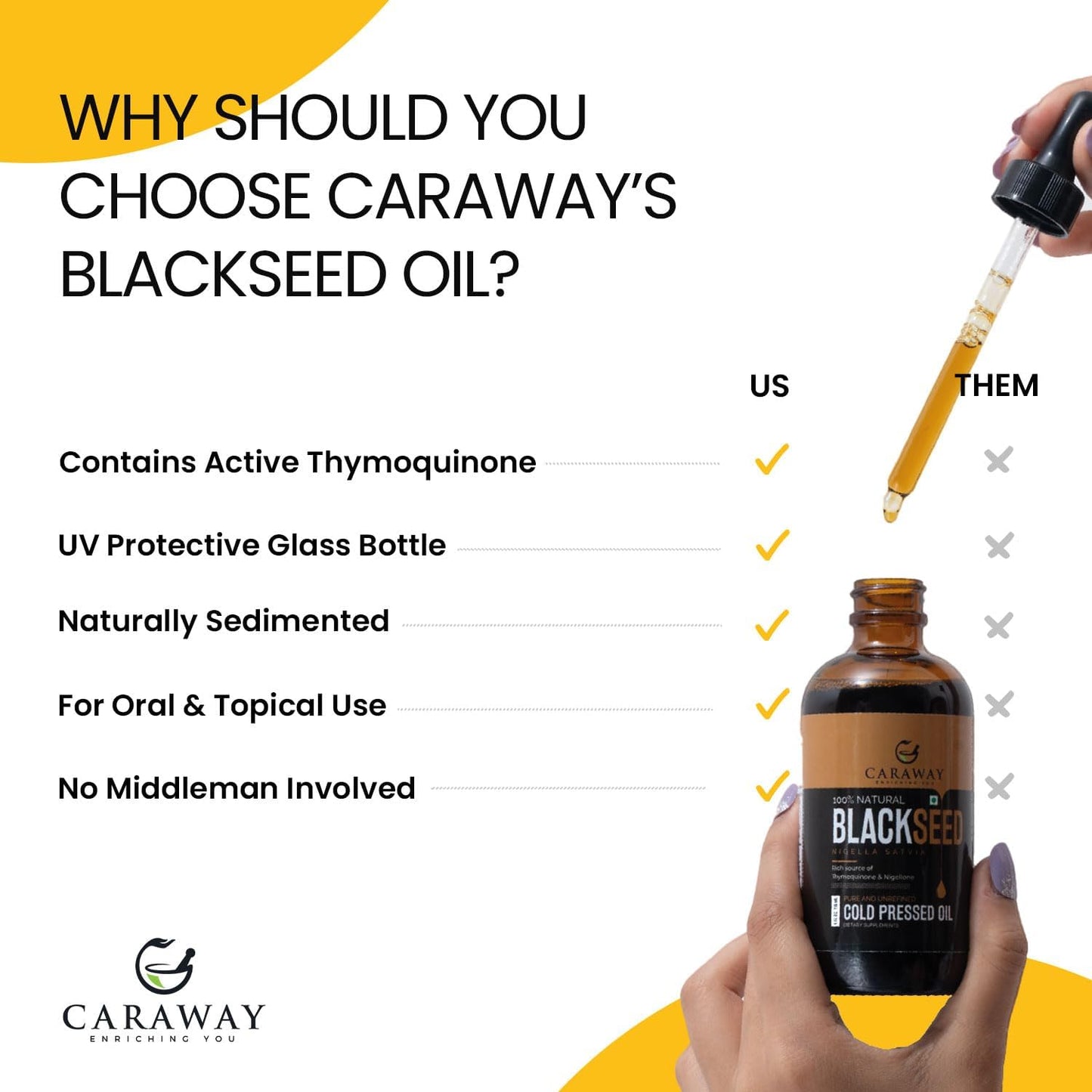 CARAWAY Organic Black Seed Oil - Cold Pressed Nigella Sativa Oil - Pure and Unrefined - Rich in Thymoquinone for Immune Support, Hair and Skin Care | Glass Bottle