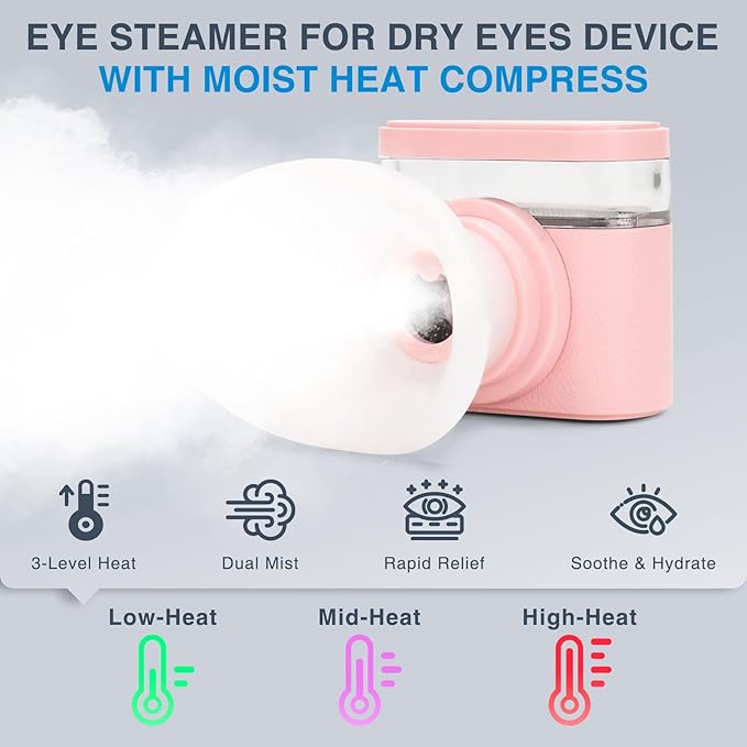 Eye Steamer for Dry Eyes Relief,Portable Electric Heated Steam Therapy Wand Machine with Moist Heat for Natural Tears Restore,Dry Eye Mist Sprayer with Warm Compress and 3 Level-Heat (Pink)