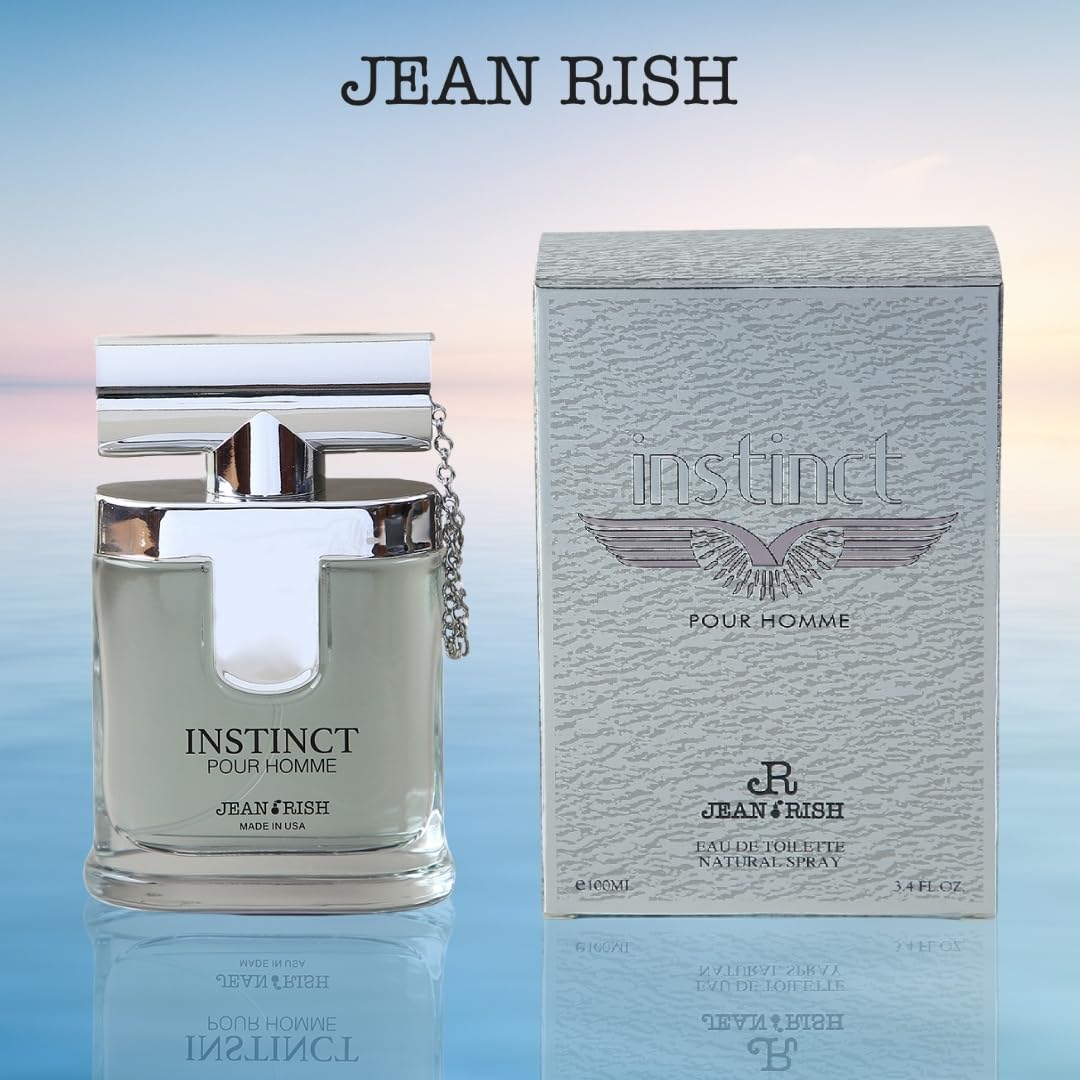 Jean Rish Instinct Pour Homme Eau De Toilette - Perfume for Men (3.4 Fl Oz / 100ml) with Ambergis, Jasmine & Orange Notes - Long Lasting and Luxury Fragrance, Made in USA