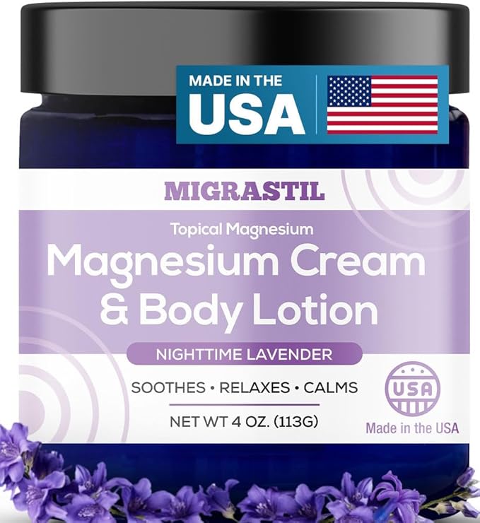 Nighttime Lavender Magnesium Cream & Non-Greasy Body Lotion. Extra Strength 250mg Magnesium Chloride for Muscle Relief, Leg Cramps, Relaxation and Sweet Sleep. Vegan, Made in The USA.
