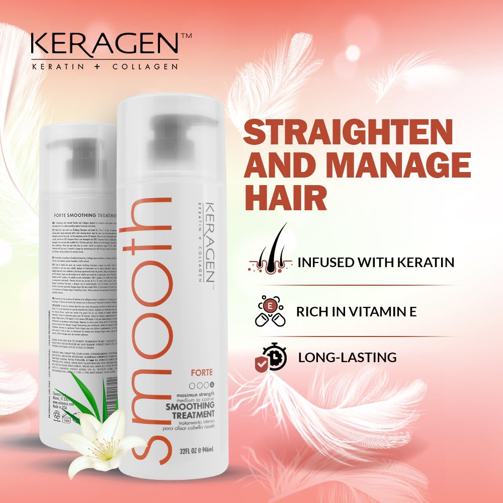 Keragen Brazilian Smoothing Keratin Hair Treatment | Sulfate-Free Blowout System for Dry, Damaged, Curly, or Frizzy Hair | Forte Formula | Medium to Coarse Hair | 32 Oz