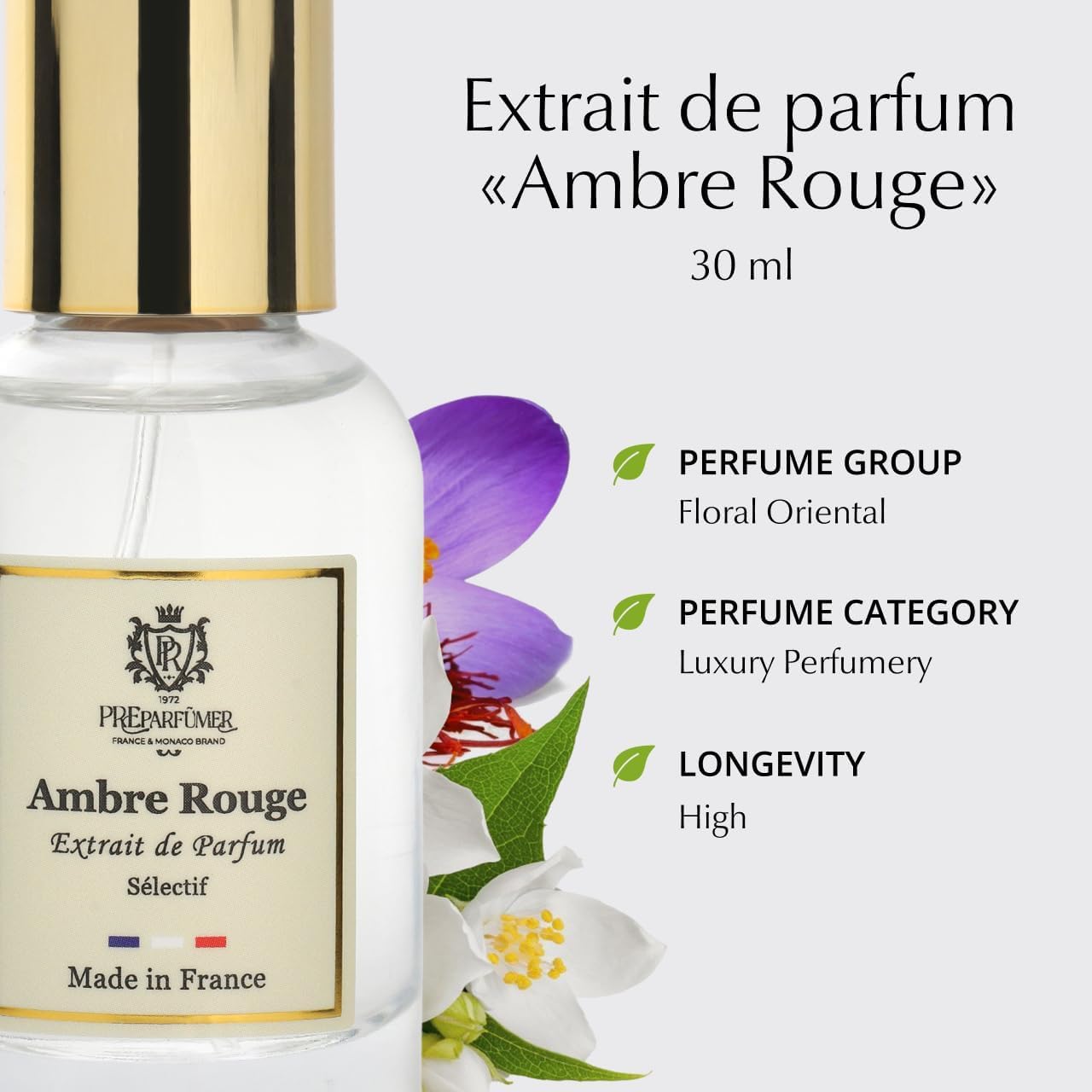 PREparfume From France Ambre Rouge 30ml – Warm Oriental Floral Scent From France – Luxury Fragrance with Saffron, Jasmine – Long Lasting Perfume With Amber and Oud Notes