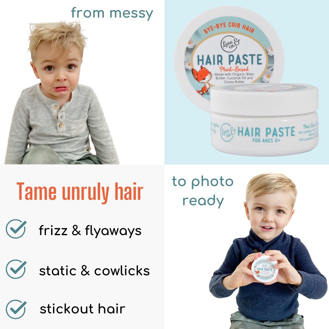 LANE & CO. Hair Gel for Kids with Goat-Hair Brush & Hard-Bristle Hairbrush- Plant-Based Styling Paste for Baby, Toddler - Natural, Organic, Child-Safe Formula with Shea & Cocoa Butter, Coconut Oil
