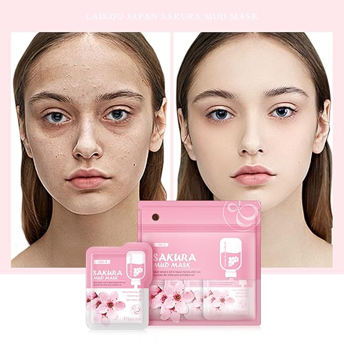 7 Pcs Sakura Face Mud Portable Face Mask Clay Clean Pore Skin Improve Facial Blemishes Moisturizing Oil Control Day & Night Skin Care (Sakura Mud)