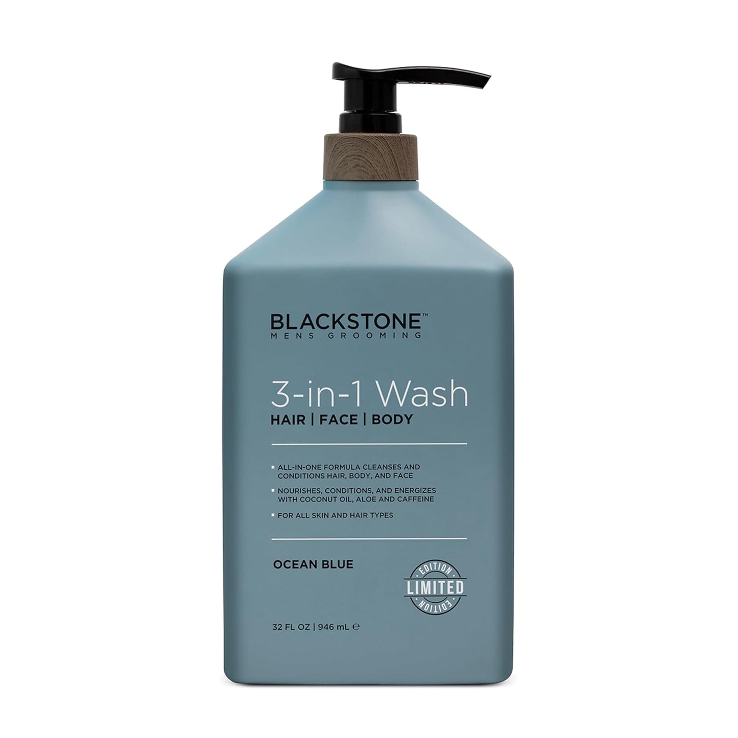 Blackstone Men's Grooming 3-in-1 Wash for Men with Coconut Oil, Aloe and Caffeine | Cleanses & Conditions Hair, Body, & Face | For All Skin & Hair Types - Ocean Blue (32 Fl Oz)