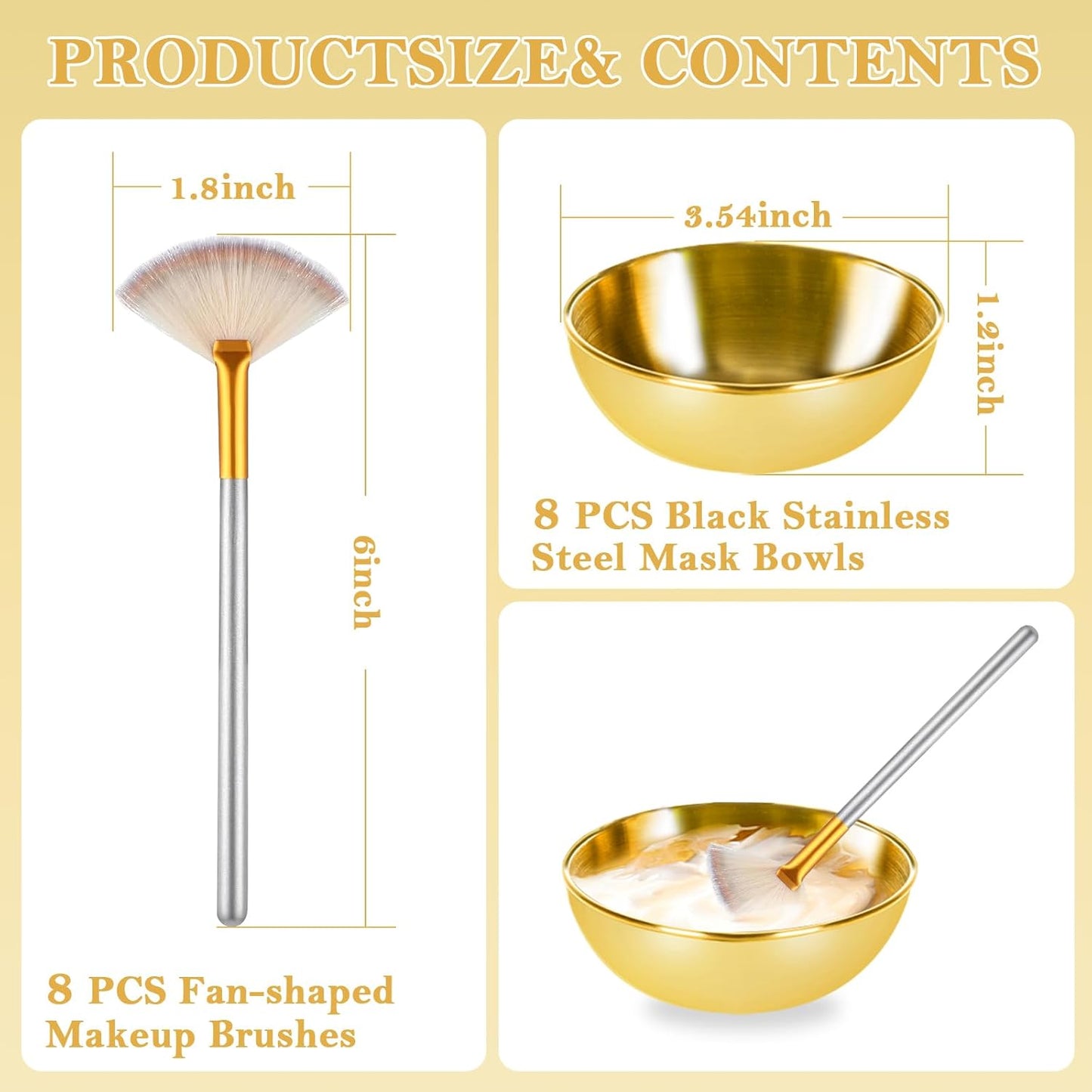 16 Pcs Gold Facial Bowl and Brush Set 8 Facial Fan Brushes Esthetician 8 Gold Facial Mixing Bowls Esthetician Stainless Steel Mixing Bowls Face Mask Brush for Mud Cream Makeup Spa Salon Women