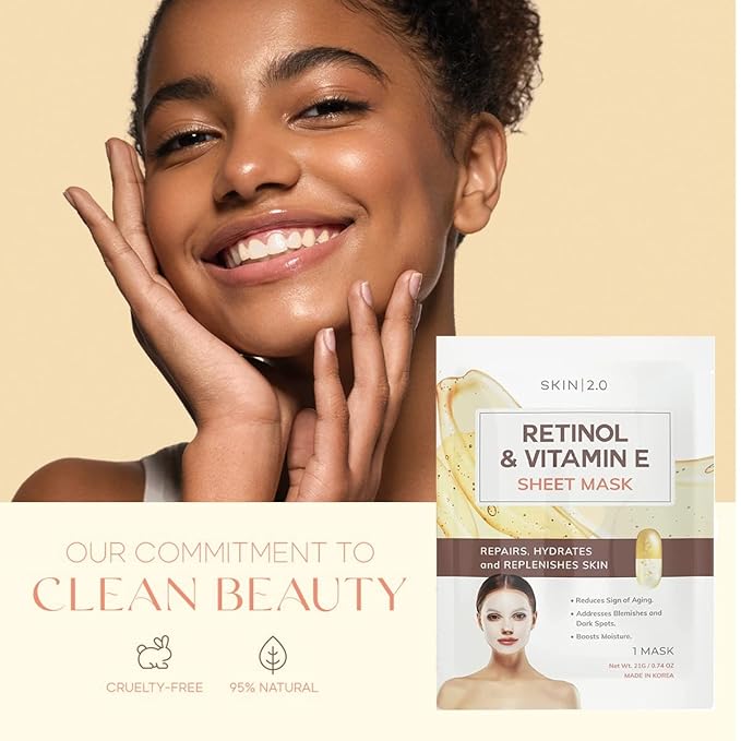 Retinol & Vitamin E Sheet Mask - Anti-Aging, Acne Scar & Hyperpigmentation - Hydrating, Dermatologist Tested Korean Skincare - Clean Beauty, Cruelty-Free, All Skin Types - 5 Masks